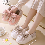 Big Bow-knot Fluffy Slippers Winter Warm Covered Heel Cotton Shoes Fashion Thick-soled Platform Slippers Indoor And Outdoor Garden Walking Shoes