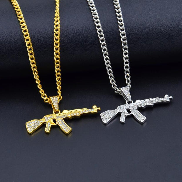 Cool Gothic Gun Shape Pendant Rhinestone Army Style Male Necklace Men Necklaces Jewelry